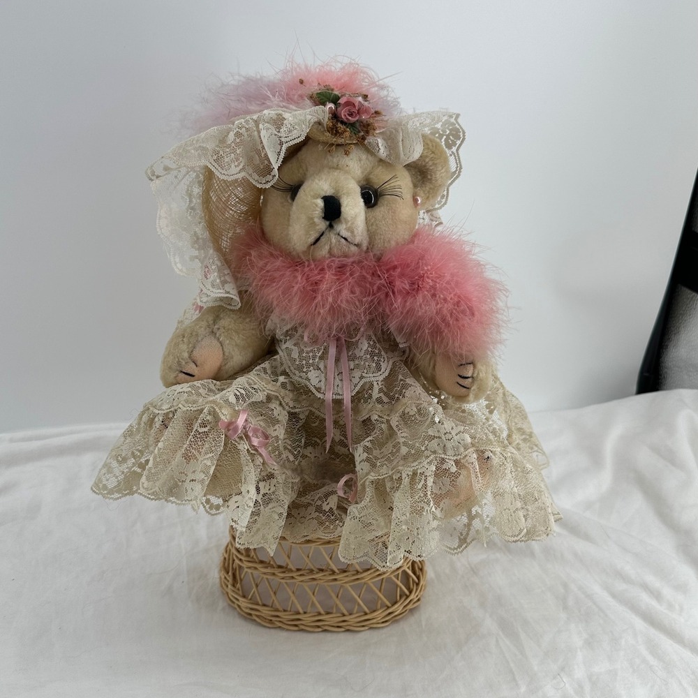 Vintage Victorian Style Lace Teddy Bear Pink Handcrafted Jointed Fur Eyelashes